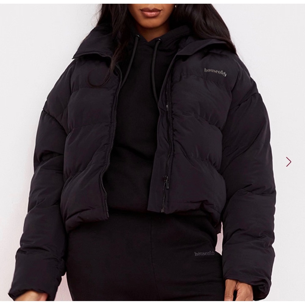 House of CB London Black Cropped Puffer Jacket Oversized Quilted Coat Small